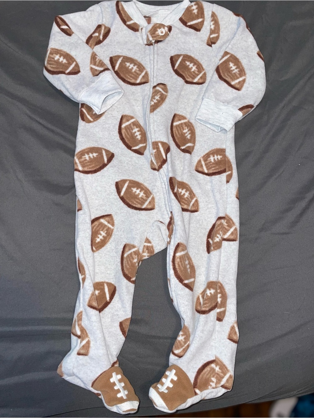 Carter's Light Gray Footed One-Piece Pajamas with Brown Footballs